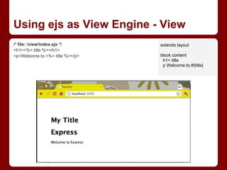 Using ejs as View Engine - View
/* file: /view/index.ejs */
<h1><%= title %></h1>
<p>Welcome to <%= title %></p>
extends layout
block content
h1= title
p Welcome to #{title}
 