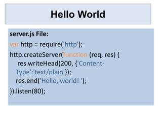 Hello World
server.js File:
var http = require('http');
http.createServer(function (req, res) {
    res.writeHead(200, {'Content-
   Type':'text/plain'});
   res.end('Hello, world! ');
}).listen(80);
 