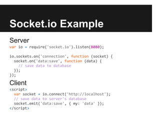 Socket.io Example
Server
var io = require('socket.io').listen(8080);

io.sockets.on('connection', function (socket) {
  socket.on('data:save', function (data) {
    // save data to database
  });
});

Client
<script>
  var socket = io.connect('http://localhost');
  // save data to server's database
  socket.emit('data:save', { my: 'data' });
</script>
 