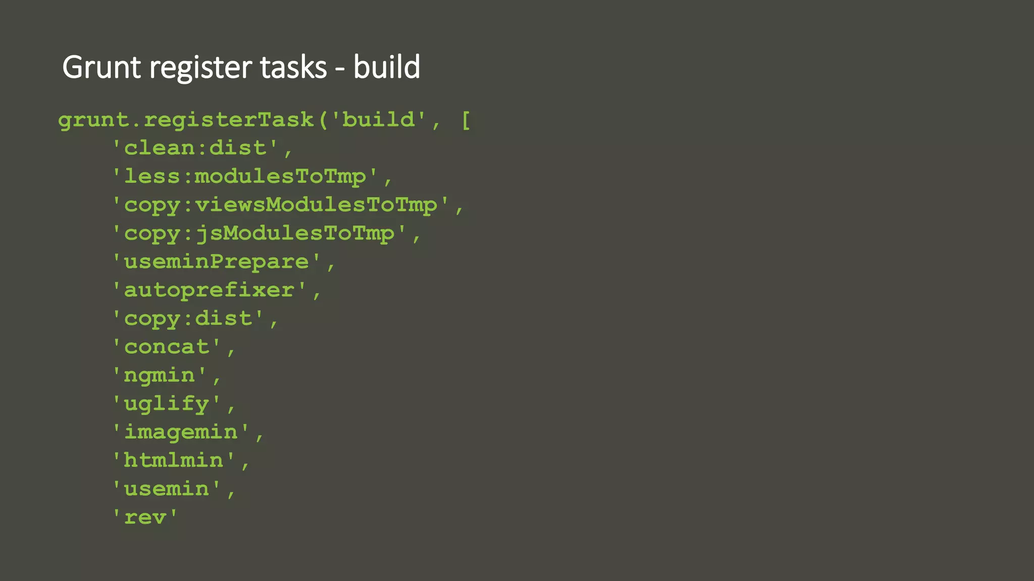 Grunt register tasks - build 
grunt.registerTask('build', [ 
'clean:dist', 
'less:modulesToTmp', 
'copy:viewsModulesToTmp', 
'copy:jsModulesToTmp', 
'useminPrepare', 
'autoprefixer', 
'copy:dist', 
'concat', 
'ngmin', 
'uglify', 
'imagemin', 
'htmlmin', 
'usemin', 
'rev' 
 