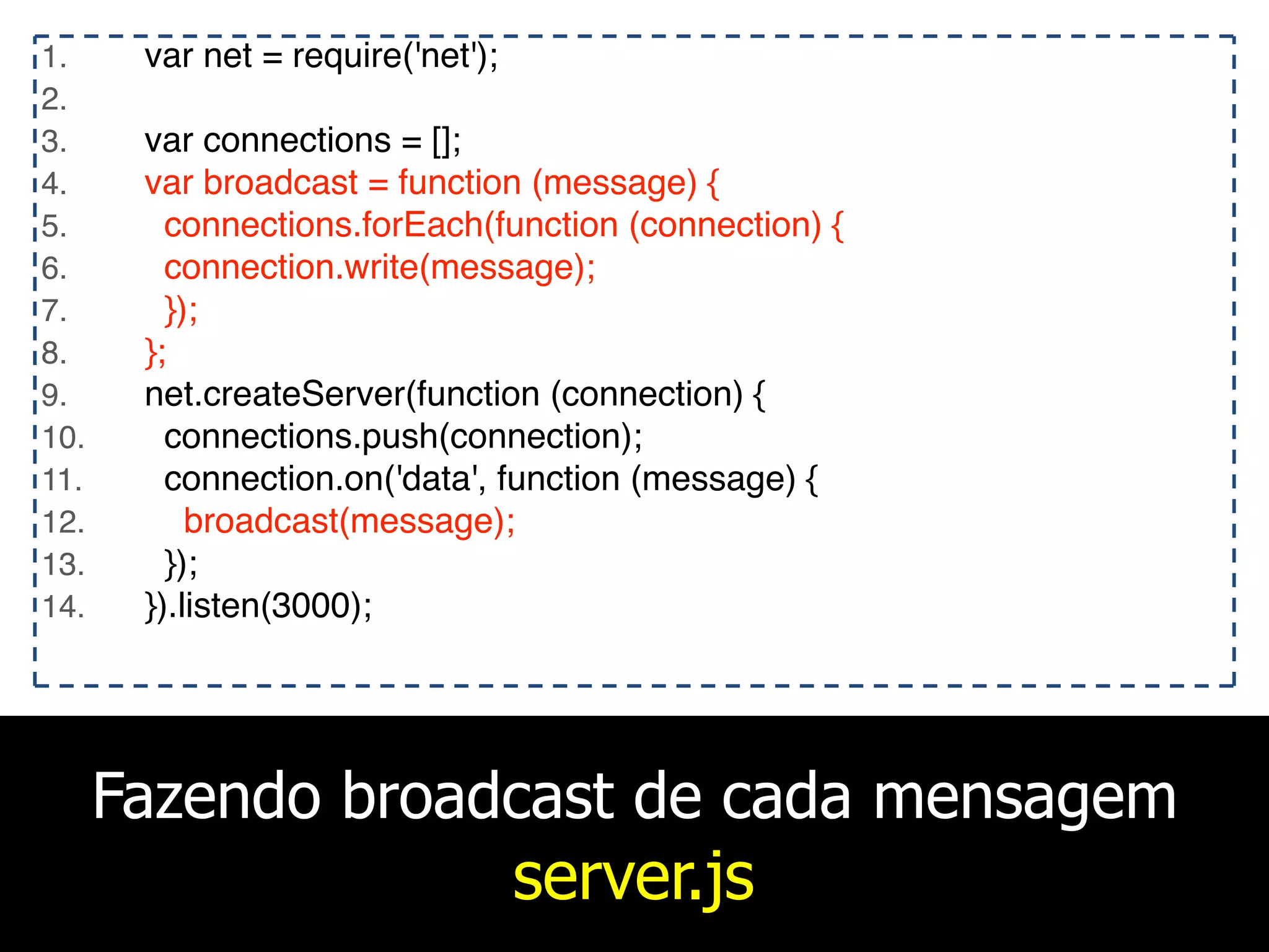 Fazendo broadcast de cada mensagem
server.js
1. var net = require('net');
2.
3. var connections = [];
4. var broadcast = function (message) {
5. connections.forEach(function (connection) {
6. connection.write(message);
7. });
8. };
9. net.createServer(function (connection) {
10. connections.push(connection);
11. connection.on('data', function (message) {
12. broadcast(message);
13. });
14. }).listen(3000);
 