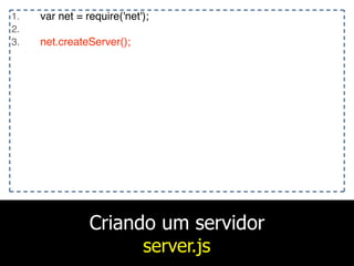 Criando um servidor
server.js
1. var net = require('net');
2.
3. net.createServer();
 