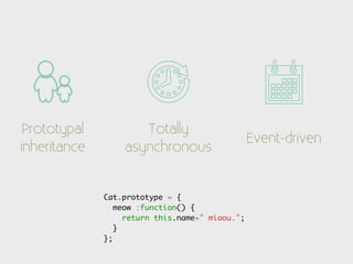 Prototypal          Totally
                                                 Event-driven
inheritance       asynchronous


              Cat.prototype = {
                 meow :function() {
                   return this.name+" miaou.";
                 }
              };
 