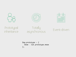Prototypal          Totally
                                             Event-driven
inheritance       asynchronous


              Dog.prototype = {
                 meow : Cat.prototype.meow
              };
 