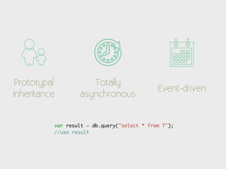 Prototypal          Totally
                                             Event-driven
inheritance       asynchronous


          var result = db.query("select * from T");
          //use result
 
