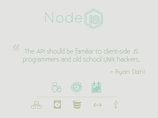 Node

The API should be familiar to client-side JS
programmers and old school UNIX hackers.
                                – Ryan Dahl
 