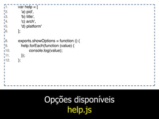 Opções disponíveis
help.js
1. var help = [
2. 'a) pid',
3. 'b) title',
4. 'c) arch',
5. 'd) platform'
6. ];
8. exports.showOptions = function () {
9. help.forEach(function (value) {
10. console.log(value);
11. });
12. };
 