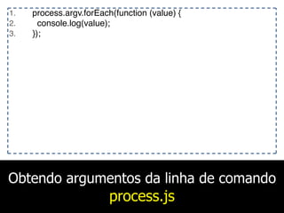 Obtendo argumentos da linha de comando
process.js
1. process.argv.forEach(function (value) {
2. console.log(value);
3. });
 