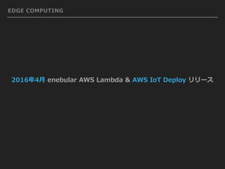 EDGE COMPUTING
2016年4⽉ enebular AWS Lambda & AWS IoT Deploy リリース
 