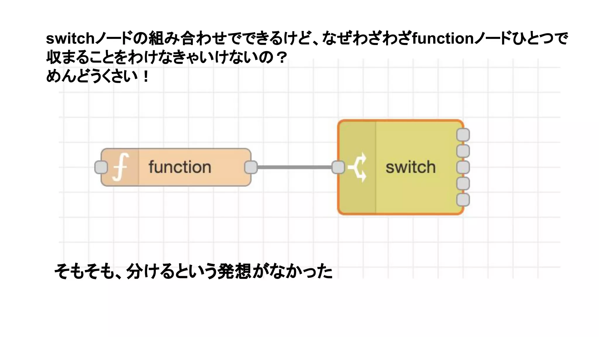 switchノードの組み合わせでできるけど、なぜわざわざfunctionノードひとつで
収まることをわけなきゃいけないの？
めんどうくさい！
そもそも、分けるという発想がなかった
 