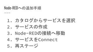 Node-REDへの追加手順
1. カタログからサービスを選択
2. サービスの作成
3. Node-REDの接続へ移動
4. サービスをConnect
5. 再ステージ
 