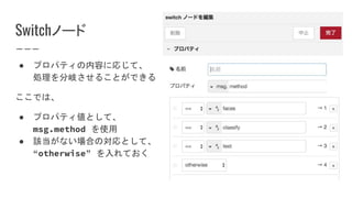 Switchノード
● プロパティの内容に応じて、
処理を分岐させることができる
ここでは、
● プロパティ値として、
msg.method を使用
● 該当がない場合の対応として、
“otherwise” を入れておく
 