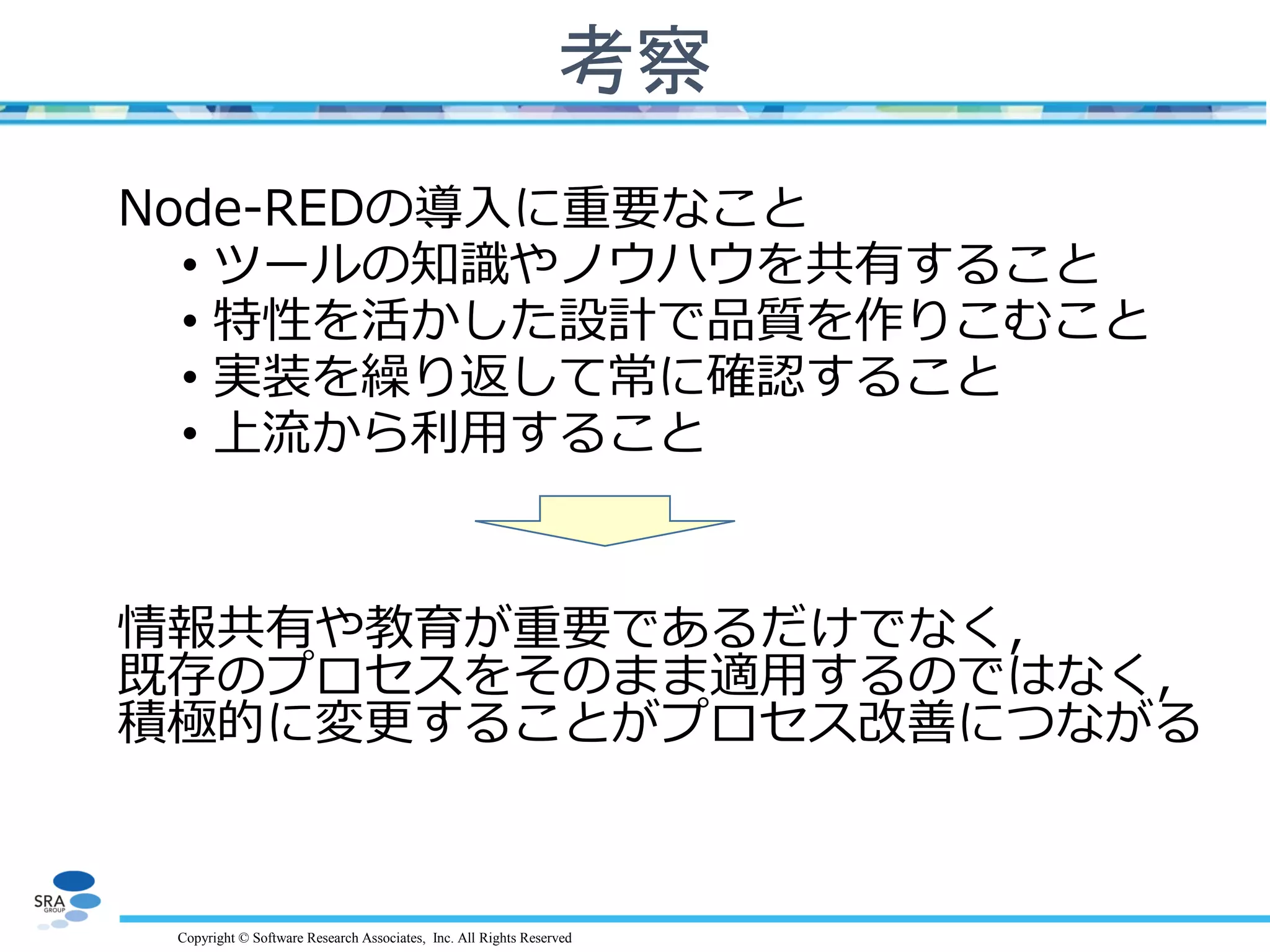 Copyright © Software Research Associates, Inc. All Rights Reserved
考察
Node-REDの導入に重要なこと
• ツールの知識やノウハウを共有すること
• 特性を活かした設計で品質を作りこむこと
• 実装を繰り返して常に確認すること
• 上流から利用すること
情報共有や教育が重要であるだけでなく，
既存のプロセスをそのまま適用するのではなく，
積極的に変更することがプロセス改善につながる
 
