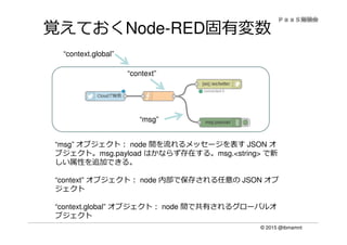 © 2015 @ibmamnt
覚えておくNode-RED固有変数
“msg”
“msg” オブジェクト： node 間を流れるメッセージを表す JSON オ
ブジェクト。msg.payload はかならず存在する。msg.<string> で新
しい属性を追加できる。
“context” オブジェクト： node 内部で保存される任意の JSON オブ
ジェクト
“context.global” オブジェクト： node 間で共有されるグローバルオ
ブジェクト
“context”
“context.global”
 
