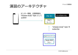 © 2015 @ibmamnt
演習のアーキテクチャ
Node-RED
フロー
MQTTクライアント
ブローカー
MQTT
サーバー
センサー情報、位置情報を
“iot/paas-study“ topic として
publish
“iot/paas-study“ topic を
subscribe
iot.eclipse.org
 