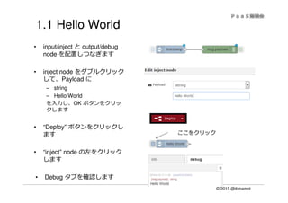 © 2015 @ibmamnt
1.1 Hello World
• input/inject と output/debug
node を配置しつなぎます
• inject node をダブルクリック
して、Payload に
– string
– Hello World
を⼊⼒し、OK ボタンをクリッ
クします
• “Deploy” ボタンをクリックし
ます
• “inject” node の左をクリック
します
• Debug タブを確認します
ここをクリック
 