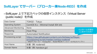 © IBM Corporation 38
Node-REDとMQTTブローカーをSoftLayer上のサーバーに
いれてみる
センサー
センサー デバイス
デバイス
MQTT
サーバー
アプリケー
ション
パブリッシャー
サブスクライバー
Mosquitto
ブローカー
BLE
MQTT
MQTT
MQTT
Node-RED
Node.js
今回は同じサーバー
 