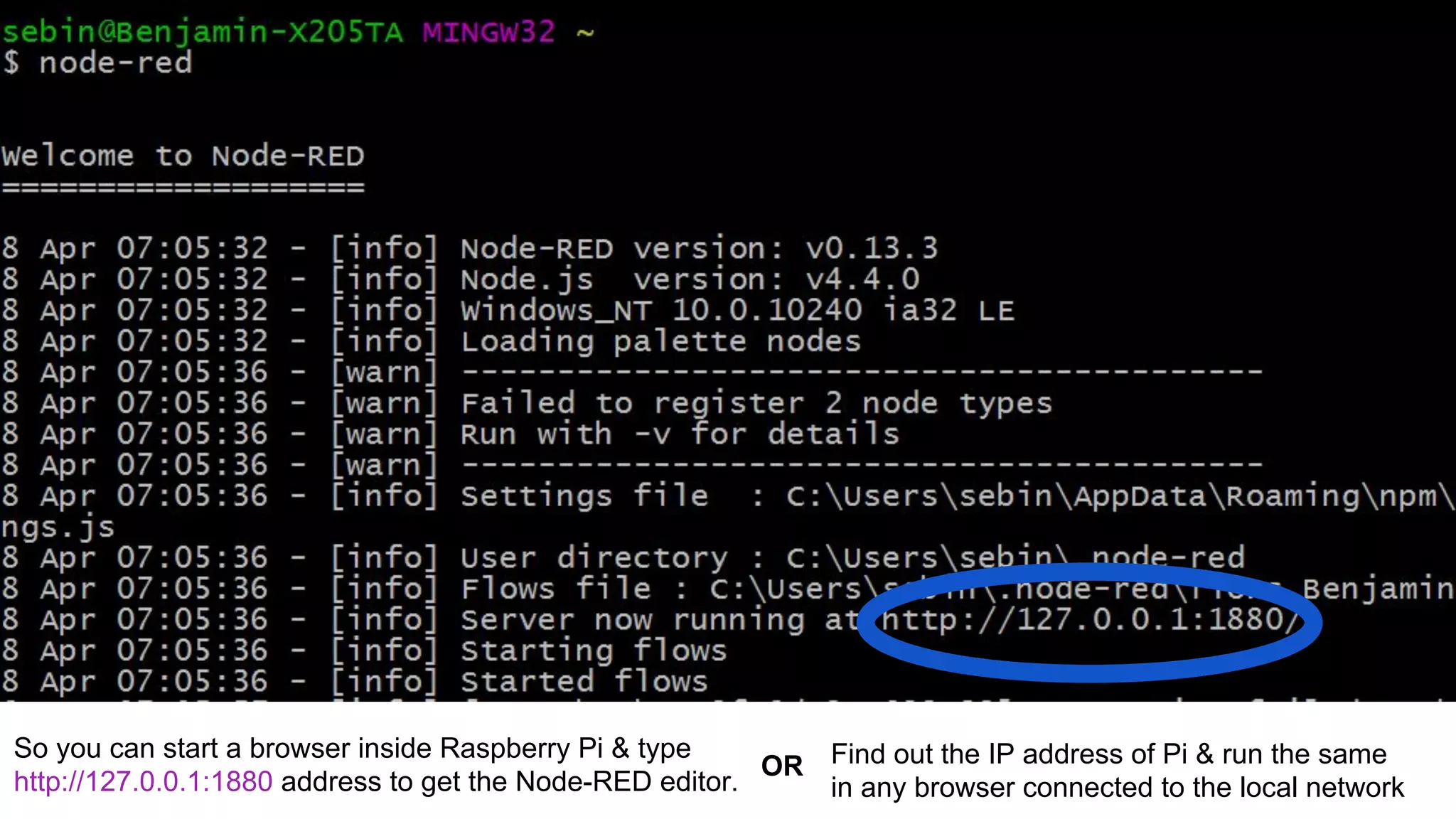 So you can start a browser inside Raspberry Pi & type
http://127.0.0.1:1880 address to get the Node-RED editor.
OR Find out the IP address of Pi & run the same
in any browser connected to the local network
 