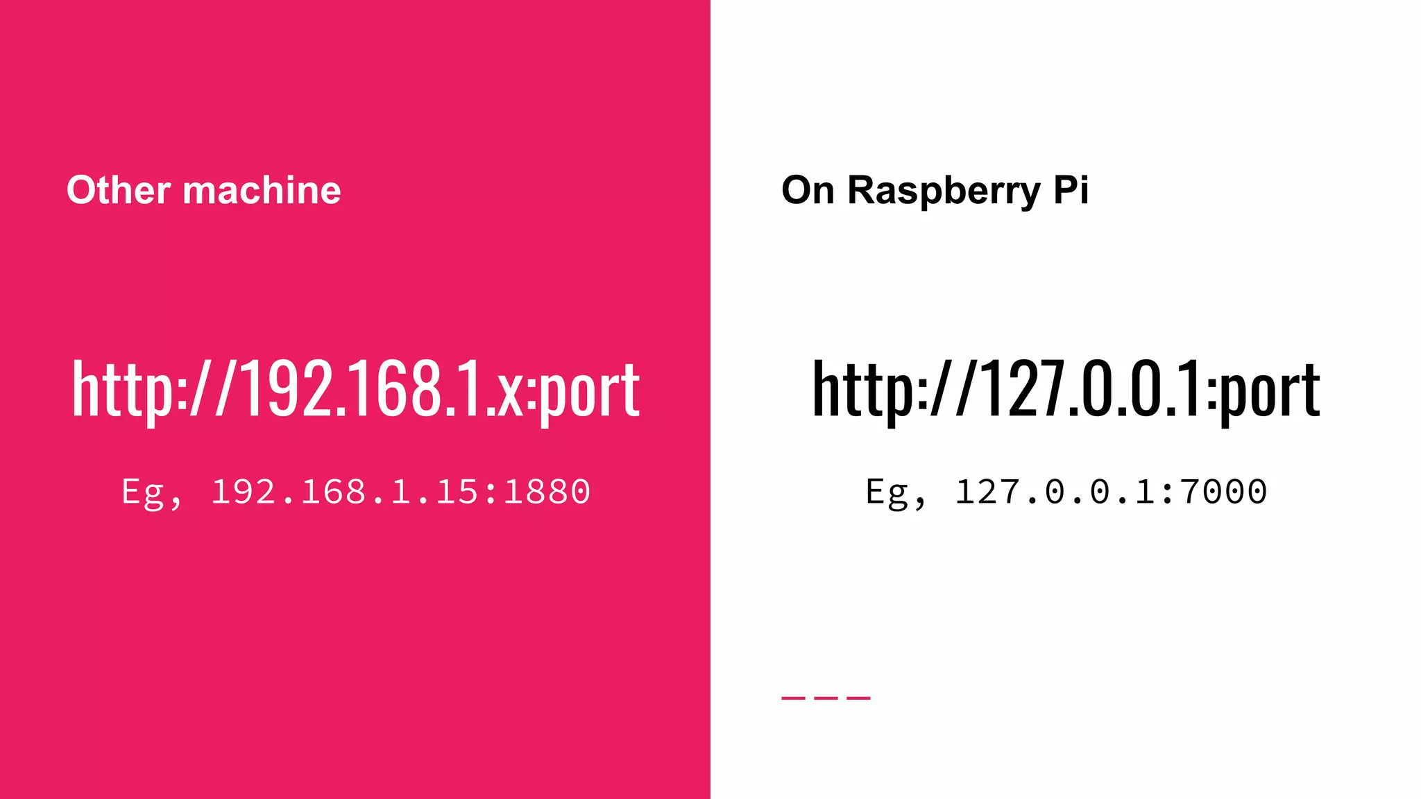 http://192.168.1.x:port
Eg, 192.168.1.15:1880
Other machine On Raspberry Pi
http://127.0.0.1:port
Eg, 127.0.0.1:7000
 