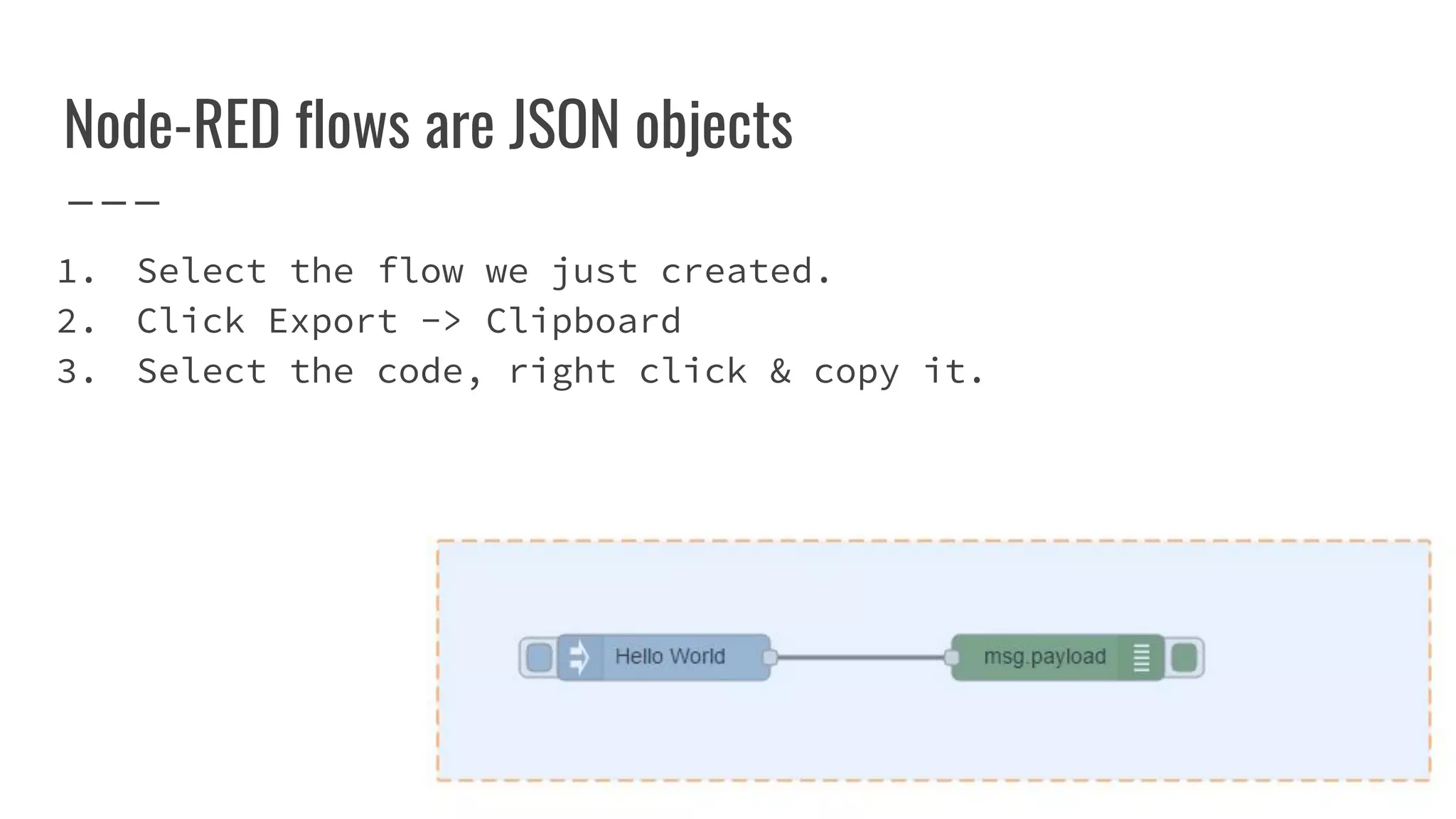 Node-RED flows are JSON objects
1. Select the flow we just created.
2. Click Export -> Clipboard
3. Select the code, right click & copy it.
 
