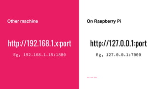 http://192.168.1.x:port
Eg, 192.168.1.15:1880
Other machine On Raspberry Pi
http://127.0.0.1:port
Eg, 127.0.0.1:7000
 