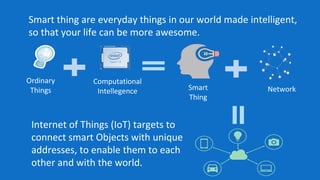 Smart thing are everyday things in our world made intelligent,
so that your life can be more awesome.
Ordinary
Things
Computational
Intellegence Smart
Thing
Network
Internet of Things (IoT) targets to
connect smart Objects with unique
addresses, to enable them to each
other and with the world.
 