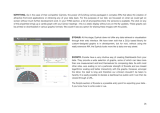 EVRYTHNG. As in the case of their competitor Carriots, the power of Evrythng comes packaged in complex APIs that allow the creation of
attractive front-end applications or retrieving any of your data back. For the purposes of our test, we focussed on what we could get on
screen without much further development work. In your THNG section, a list of all properties (here: the sensors) is available. The click on any
of the properties brings up a vanilla graph with your sensor readings - this is a static display without any on-the-ﬂy updates. These graphs can
be printed or downloaded in various graphic formats. We couldn’t see any option for sharing these images with the public.



EYEHUB. At this stage, Eyehub does not oﬀer any data retrieval or visualisation
through their web interface. We have been told that a D3.js based library for
custom-designed graphs is in development, but for now, without using the
really extensive API, the Eyehub looks more like a data one-way street.

!
EXOSITE. Exosite have a very intuitive way of creating Dashboards from your
data. They provide a wide selection of graphs, some of which can take more
than one measurement and lend themselves for comparing data. As with most
other sites, axis scaling is not a particular strength of Exosite and we missed
logarithmic scaling and better interactivity with the graphs. However, amongst
the blind, the deaf is king and therefore our criticism shouldn’t be taken to
harshly. It is easily possible to declare a dashboard as public and it can then be
viewed through a URL.

The Scripts section of Exosite is a possible entry point for exporting your data -
if you know how to write code in Lua.

!
25
 