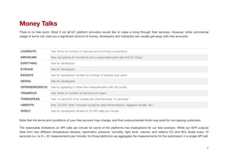 Money Talks
There is no free lunch. Most if not all IoT platform providers would like to make a living through their services. However, while commercial
usage of some can cost you a signiﬁcant amount of money, developers and hobbyists can usually get away with free accounts.

!
Note that the terms and conditions of your free account may change, and that undocumented limits may exist for non-paying customers. 

The reasonable limitations on API calls per minute for some of the platforms has implications for our test scenario. While our AirPi outputs
data from two diﬀerent temperature sensors, barometric pressure, humidity, light level, volume, and relative CO and NO2 levels every 15
seconds (i.e. 4x 8 = 32 measurements per minute), for those platforms we aggregate the measurements for the submission in a single API call.

CARRIOTS free, limits on number of devices and incoming connections
EMONCMS free, but asking for donations and a reasonable post rate limit (5-10sec)
EVRYTHNG free for developers
EYEHUB free for developers
EXOSITE free for developers, limited on number of devices and users
GERAS free for developers
OPENSENSORS.IO free by agreeing to share the measurements with the public
TINAMOUS free, limits on number of devices and users
THINKSPEAK free, “a rate limit of an update per channel every 15 seconds”
UBIDOTS free, 30,000 “dots” included (could be data transmissions, triggered emails, etc.)
XIVELY free for developers, limited to 25 API calls per minute
7
 