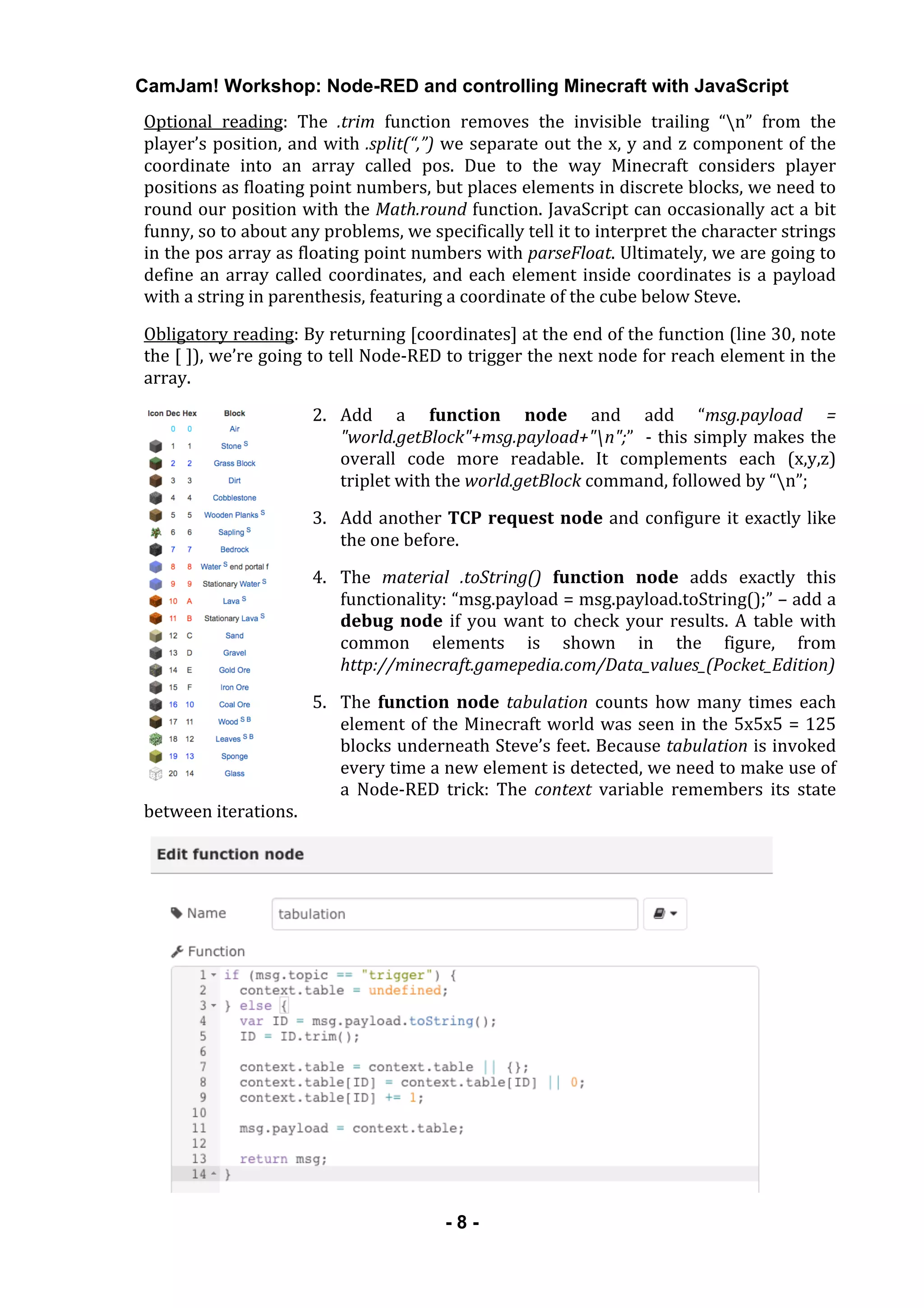 CamJam! Workshop: Node-RED and controlling Minecraft with JavaScript
	
   - 8 -
Optional	
   reading:	
   The	
   .trim	
   function	
   removes	
   the	
   invisible	
   trailing	
   “n”	
   from	
   the	
  
player’s	
  position,	
  and	
  with	
  .split(“,”)	
  we	
  separate	
  out	
  the	
  x,	
  y	
  and	
  z	
  component	
  of	
  the	
  
coordinate	
   into	
   an	
   array	
   called	
   pos.	
   Due	
   to	
   the	
   way	
   Minecraft	
   considers	
   player	
  
positions	
  as	
  floating	
  point	
  numbers,	
  but	
  places	
  elements	
  in	
  discrete	
  blocks,	
  we	
  need	
  to	
  
round	
  our	
  position	
  with	
  the	
  Math.round	
  function.	
  JavaScript	
  can	
  occasionally	
  act	
  a	
  bit	
  
funny,	
  so	
  to	
  about	
  any	
  problems,	
  we	
  specifically	
  tell	
  it	
  to	
  interpret	
  the	
  character	
  strings	
  
in	
  the	
  pos	
  array	
  as	
  floating	
  point	
  numbers	
  with	
  parseFloat.	
  Ultimately,	
  we	
  are	
  going	
  to	
  
define	
  an	
  array	
  called	
  coordinates,	
  and	
  each	
  element	
  inside	
  coordinates	
  is	
  a	
  payload	
  
with	
  a	
  string	
  in	
  parenthesis,	
  featuring	
  a	
  coordinate	
  of	
  the	
  cube	
  below	
  Steve.	
  
Obligatory	
  reading:	
  By	
  returning	
  [coordinates]	
  at	
  the	
  end	
  of	
  the	
  function	
  (line	
  30,	
  note	
  
the	
  [	
  ]),	
  we’re	
  going	
  to	
  tell	
  Node-­‐RED	
  to	
  trigger	
  the	
  next	
  node	
  for	
  reach	
  element	
  in	
  the	
  
array.	
  
2. Add	
   a	
   function	
   node	
   and	
   add	
   “msg.payload	
   =	
  
"world.getBlock"+msg.payload+"n";”	
  	
  -­‐	
  this	
  simply	
  makes	
  the	
  
overall	
   code	
   more	
   readable.	
   It	
   complements	
   each	
   (x,y,z)	
  
triplet	
  with	
  the	
  world.getBlock	
  command,	
  followed	
  by	
  “n”;	
  
3. Add	
  another	
  TCP	
  request	
  node	
  and	
  configure	
  it	
  exactly	
  like	
  
the	
  one	
  before.	
  
4. The	
   material	
   .toString()	
   function	
   node	
   adds	
   exactly	
   this	
  
functionality:	
  “msg.payload	
  =	
  msg.payload.toString();”	
  –	
  add	
  a	
  
debug	
  node	
  if	
  you	
  want	
  to	
  check	
  your	
  results.	
  A	
  table	
  with	
  
common	
   elements	
   is	
   shown	
   in	
   the	
   figure,	
   from	
  
http://minecraft.gamepedia.com/Data_values_(Pocket_Edition)	
  
5. The	
   function	
   node	
   tabulation	
   counts	
   how	
   many	
   times	
   each	
  
element	
  of	
  the	
  Minecraft	
  world	
  was	
  seen	
  in	
  the	
  5x5x5	
  =	
  125	
  
blocks	
  underneath	
  Steve’s	
  feet.	
  Because	
  tabulation	
  is	
  invoked	
  
every	
  time	
  a	
  new	
  element	
  is	
  detected,	
  we	
  need	
  to	
  make	
  use	
  of	
  
a	
   Node-­‐RED	
   trick:	
   The	
   context	
   variable	
   remembers	
   its	
   state	
  
between	
  iterations.	
  
	
  
 