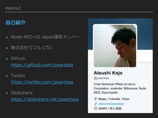 PROFILE
⾃⼰紹介
▸ Node-RED UG Japan運営メンバー
▸ 株式会社ウフル CTO
▸ Github 
https://github.com/joeartsea
▸ Twitter 
https://twitter.com/joeartsea
▸ Slideshare 
https://slideshare.net/joeartsea
 