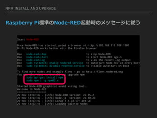 Raspberry Pi標準のNode-RED起動時のメッセージに従う
NPM INSTALL AND UPGRADE
 