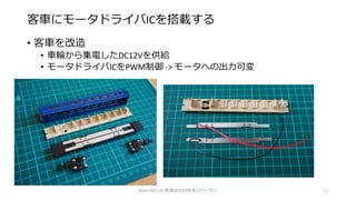 客車にモータドライバICを搭載する
• 客車を改造
• 車輪から集電したDC12Vを供給
• モータドライバICをPWM制御 -> モータへの出力可変
Node-RED UG 勉強会2019年末LTパーティ 11
 