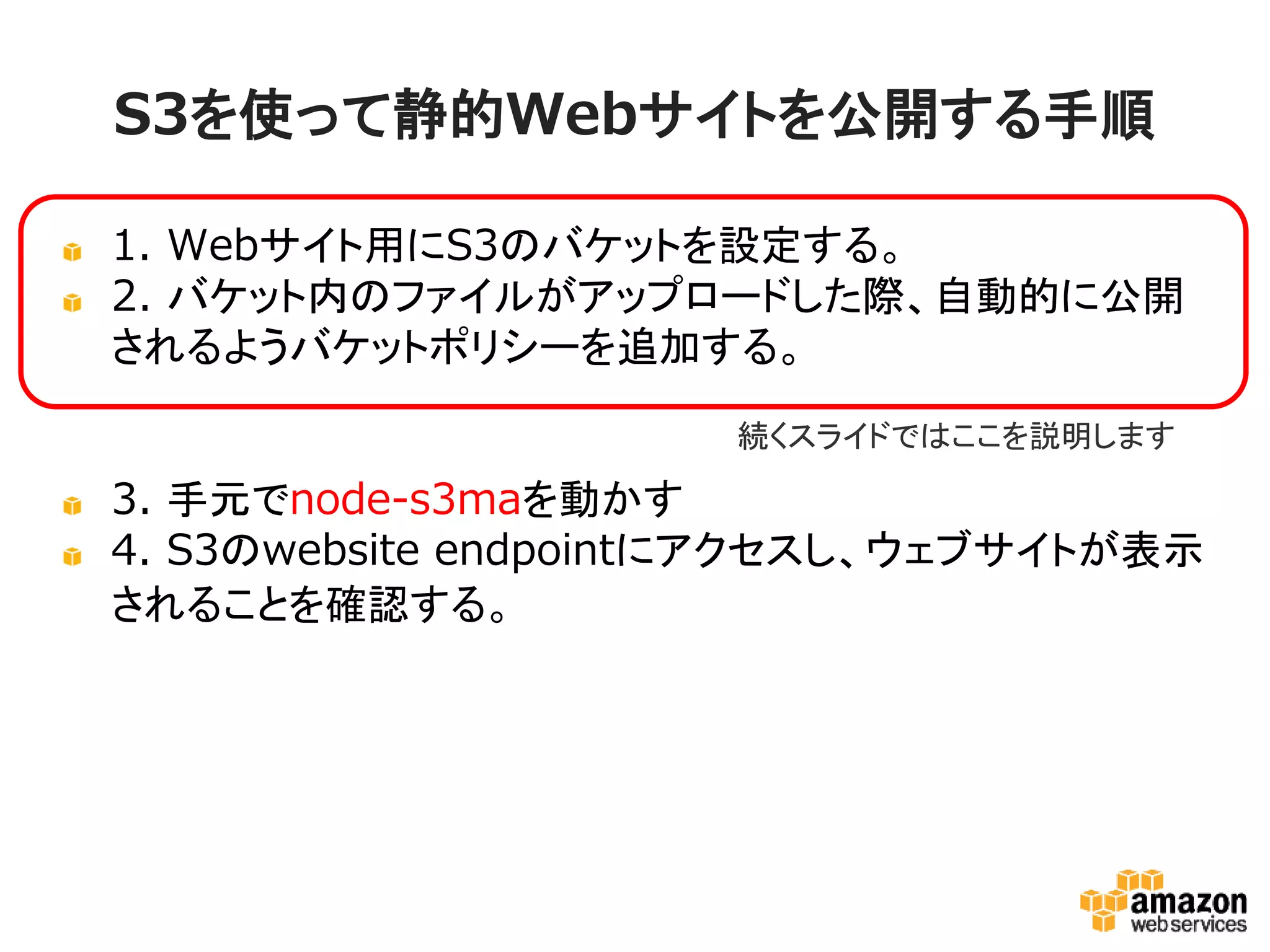 S3を使って静的Webサイトを公開する手順
1. Webサイト用にS3のバケットを設定する。
2. バケット内のファイルがアップロードした際、自動的
に公開されるようバケットポリシーを追加する。
続くスライドではここを説明します

3. 手元でnode-s3maを動かす
4. S3のwebsite endpointにアクセスし、ウェブサイトが表
示されることを確認する。

 