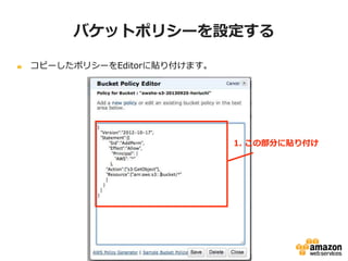 バケットポリシーを設定する
コピーしたポリシーをEditorに貼り付けます。

1. この部分に貼り付け

 
