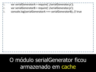 O módulo serialGenerator ficou
armazenado em cache
1. var	
  serialGeneratorA	
  =	
  require('./serialGenerator.js');	
  
2. var	
  serialGeneratorB	
  =	
  require('./serialGenerator.js');	
  
3. console.log(serialGeneratorA	
  ===	
  serialGeneratorB);	
  //	
  true
 