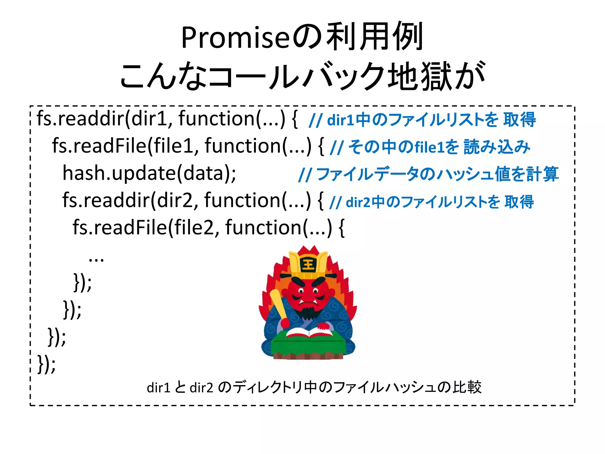 Promiseの利用例
こんなコールバック地獄が
fs.readdir(dir1, function(...) { // dir1中のファイルリストを 取得
fs.readFile(file1, function(...) { // その中のfile1を 読み込み
hash.update(data); // ファイルデータのハッシュ値を計算
fs.readdir(dir2, function(...) { // dir2中のファイルリストを 取得
fs.readFile(file2, function(...) {
...
});
});
});
});
dir1 と dir2 のディレクトリ中のファイルハッシュの比較
 