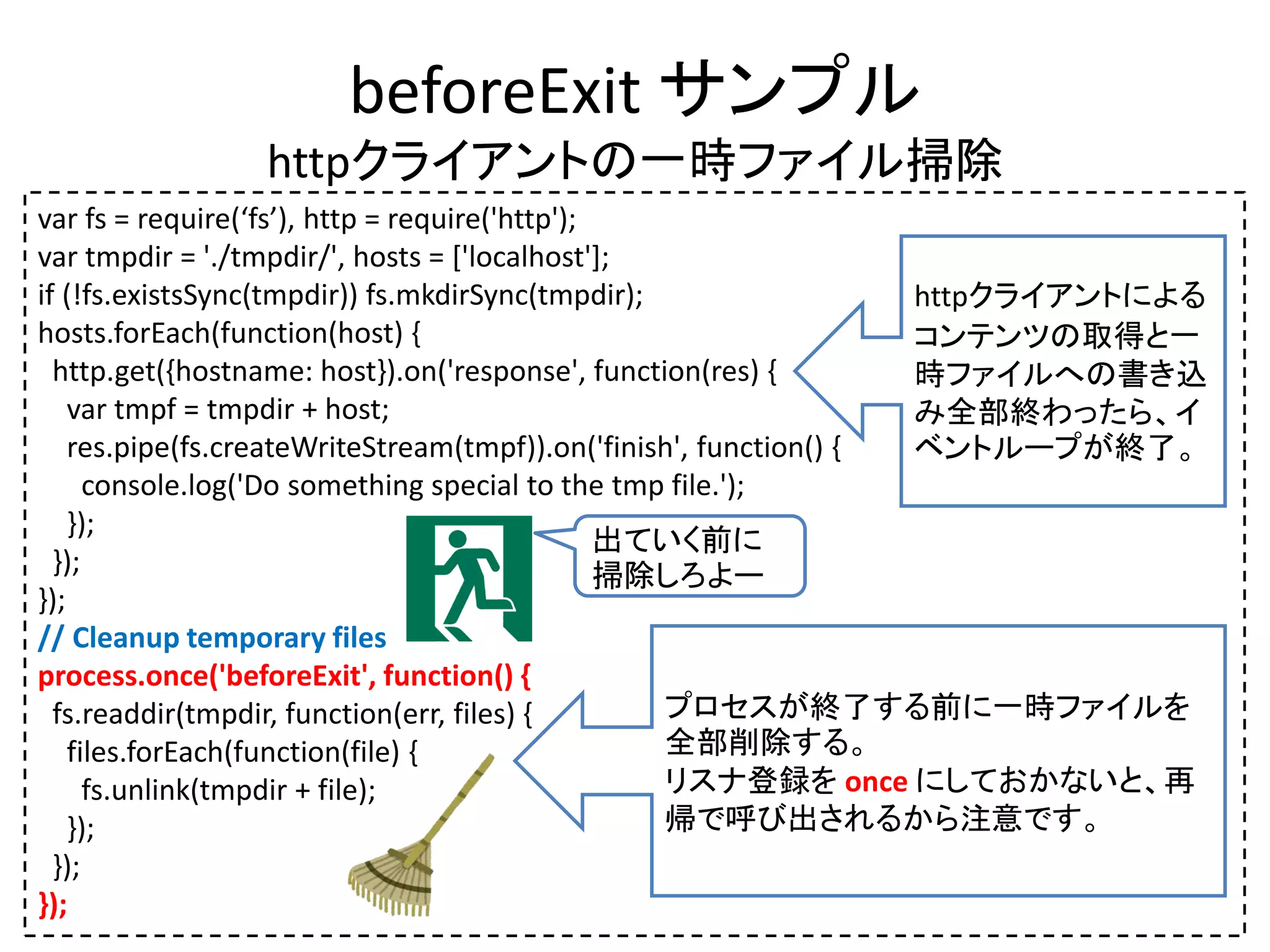 beforeExit サンプル
httpクライアントの一時ファイル掃除
var fs = require(‘fs’), http = require('http');
var tmpdir = './tmpdir/', hosts = ['localhost'];
if (!fs.existsSync(tmpdir)) fs.mkdirSync(tmpdir);
hosts.forEach(function(host) {
http.get({hostname: host}).on('response', function(res) {
var tmpf = tmpdir + host;
res.pipe(fs.createWriteStream(tmpf)).on('finish', function() {
console.log('Do something special to the tmp file.');
});
});
});
// Cleanup temporary files
process.once('beforeExit', function() {
fs.readdir(tmpdir, function(err, files) {
files.forEach(function(file) {
fs.unlink(tmpdir + file);
});
});
});
プロセスが終了する前に一時ファイルを
全部削除する。
リスナ登録を once にしておかないと、再
帰で呼び出されるから注意です。
httpクライアントによる
コンテンツの取得と一
時ファイルへの書き込
み全部終わったら、イ
ベントループが終了。
出ていく前に
掃除しろよー
 