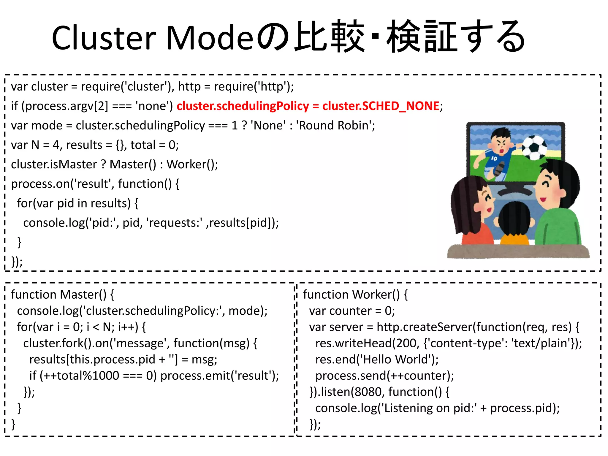 Cluster Modeの比較・検証する
var cluster = require('cluster'), http = require('http');
if (process.argv[2] === 'none') cluster.schedulingPolicy = cluster.SCHED_NONE;
var mode = cluster.schedulingPolicy === 1 ? 'None' : 'Round Robin';
var N = 4, results = {}, total = 0;
cluster.isMaster ? Master() : Worker();
process.on('result', function() {
for(var pid in results) {
console.log('pid:', pid, 'requests:' ,results[pid]);
}
});
function Master() {
console.log('cluster.schedulingPolicy:', mode);
for(var i = 0; i < N; i++) {
cluster.fork().on('message', function(msg) {
results[this.process.pid + ''] = msg;
if (++total%1000 === 0) process.emit('result');
});
}
}
function Worker() {
var counter = 0;
var server = http.createServer(function(req, res) {
res.writeHead(200, {'content-type': 'text/plain'});
res.end('Hello World');
process.send(++counter);
}).listen(8080, function() {
console.log('Listening on pid:' + process.pid);
});
 