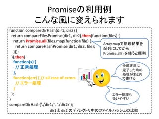 Promiseの利用例
こんな風に変えられます
function compareDirHash(dir1, dir2) {
return compareFilesPromise(dir1, dir2).then(function(files) {
return Promise.all(files.map(function(file) {
return compareHashPromise(dir1, dir2, file);
}));
}).then(
function(x) {
// 正常処理
},
function(err) { // all case of errors
// エラー処理
}
);
}
compareDirHash('./dir1/', './dir2/');
dir1 と dir2 のディレクトリ中のファイルハッシュの比較
Array.mapで処理結果を
配列にしてから
Promise.all() を使うと便利
全部正常に
完了した時の
処理がまとめ
て書ける
エラー処理も
扱いやすい
 