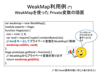 WeakMap利用例 (*)
WeakMapを使った Private変数の隠匿
var weakmap = new WeakMap();
module.exports = Hoge;
function Hoge(size) {
size = +size || 8;
var rand = require('crypto').randomBytes(size);
// thisをキーとしてプライベート変数をWeakMapに格納
weakmap.set(this, rand);
};
Hoge.prototype.getRand = function() {
// WeakMapからプライベート変数を取り出す
return weakmap.get(this);
};
(* 別にNode固有の使い方じゃありません）
インスタンス
がGCされれば
勝手になくな
るよ
 