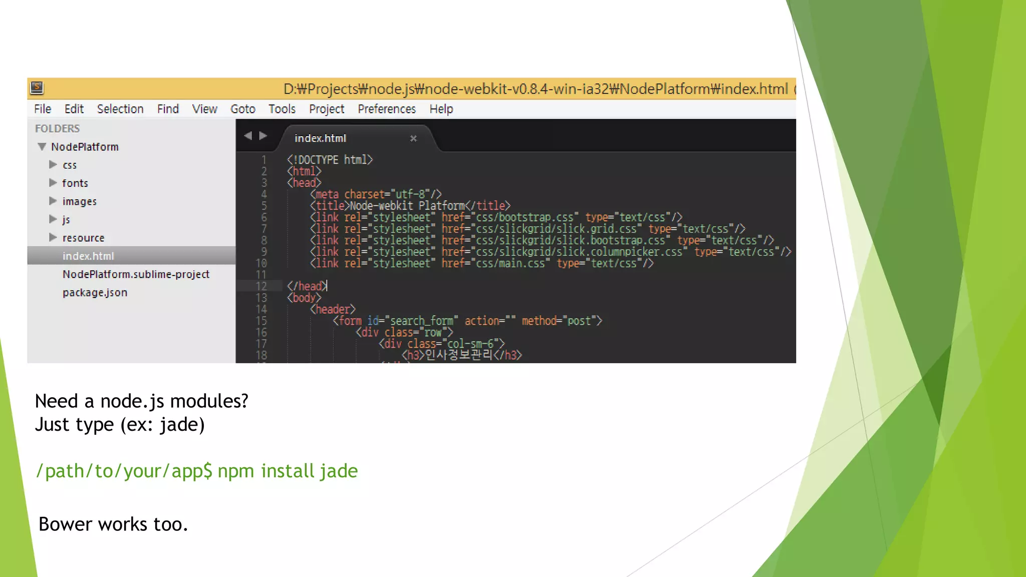 Need a node.js modules?
Just type (ex: jade)
/path/to/your/app$ npm install jade
Bower works too.
 