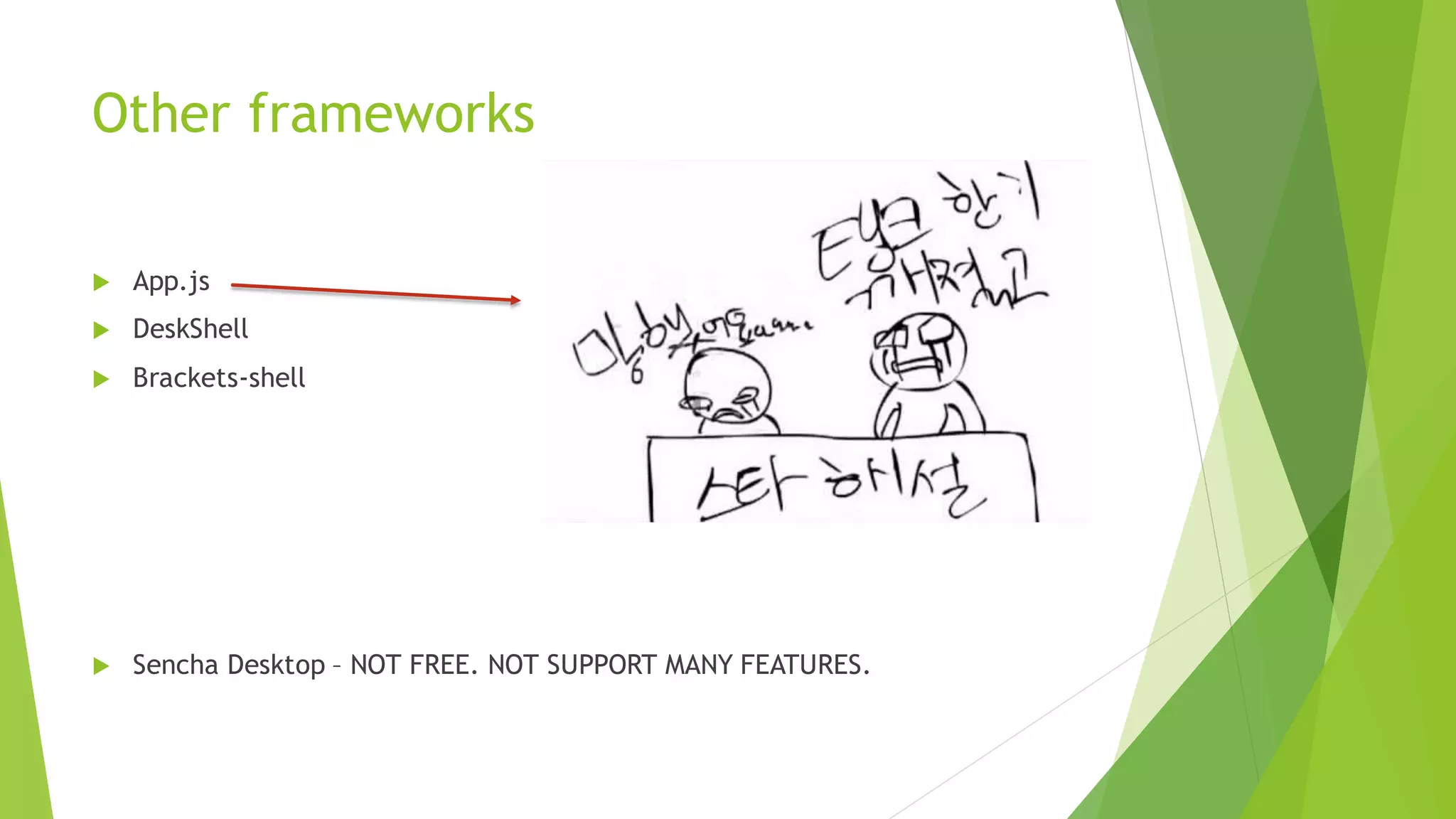 Other node.js webkit frameworks
 App.js
 DeskShell
 Brackets-shell
 Sencha Desktop – NOT FREE. NOT SUPPORT MANY FEATURES.
 