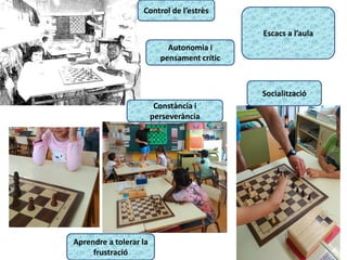 Escacs a l’aula
Socialització
Constància i
perseverància
Aprendre a tolerar la
frustració
Autonomia i
pensament crític
Control de l’estrès
 
