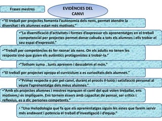 Frases mestres EVIDÈNCIES DEL
CANVI
• “Una metodologia que fa que els aprenentatges siguin les eines que farem servir
més endavant i potencia el treball d’investigació i d’equip.”
•“Amb els projectes alumnes i mestres marquen el camí del què volen treballar, ens
motivem,i es impliquem. Ens tornem éssers amb capacitat de pensar, ser crítics i
reflexius, es a dir, persones competents.”
•“Primer respecte o por pel canvi, durant el procés il·lusió i satisfacció personal al
veure l’aprenentatge dels meus alumnes.”
•“El treball per projectes apropa el currículum a es curiositats dels alumnes.”
•“Tothom suma . Junts aprenem i descobrim el món.”
•“Treball per competències és fer raonar als nens. On els adults no tenen les
resposta sinó que guien els autèntics protagonistes a trobar-la.”
•“El treball per projectes fomenta l’autonomia dels nens, permet atendre la
diversitat i els alumnes estan més motivats.”
•“La diversificació d’activitats i formes d’expressar els aprenentatges en el treball
competencial per projectes permet donar cabuda a tots els alumnes i ells trobar el
seu espai d’expressió.”
 