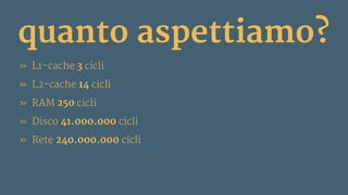 quanto aspettiamo?
» L1-cache 3 cicli
» L2-cache 14 cicli
» RAM 250 cicli
» Disco 41.000.000 cicli
» Rete 240.000.000 cicli
 