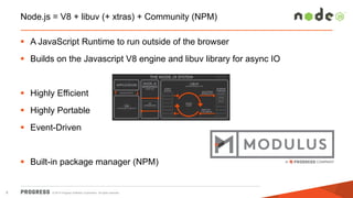 © 2014 Progress Software Corporation. All rights reserved. 
9 
Node.js = V8 + libuv (+ xtras) + Community (NPM) 
A JavaScript Runtime to run outside of the browser 
Builds on the Javascript V8 engine and libuv library for async IO 
Highly Efficient 
Highly Portable 
Event-Driven 
Built-in package manager (NPM)  