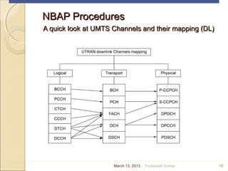 NBAP ProceduresNBAP Procedures
A quick look at UMTS Channels and their mapping (DL)A quick look at UMTS Channels and their mapping (DL)
16March 13, 2013 Tusharadri Sarkar
 