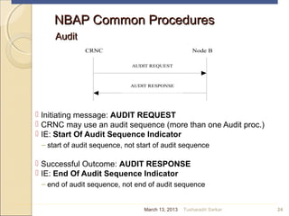 NBAP Common ProceduresNBAP Common Procedures
AuditAudit
 Initiating message: AUDIT REQUEST
 CRNC may use an audit sequence (more than one Audit proc.)
 IE: Start Of Audit Sequence Indicator
– start of audit sequence, not start of audit sequence
 Successful Outcome: AUDIT RESPONSE
 IE: End Of Audit Sequence Indicator
– end of audit sequence, not end of audit sequence
24
CRNC Node B
AUDIT REQUEST
AUDIT RESPONSE
March 13, 2013 Tusharadri Sarkar
 