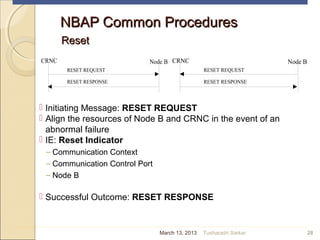 NBAP Common ProceduresNBAP Common Procedures
ResetReset
 Initiating Message: RESET REQUEST
 Align the resources of Node B and CRNC in the event of an
abnormal failure
 IE: Reset Indicator
– Communication Context
– Communication Control Port
– Node B
 Successful Outcome: RESET RESPONSE
28
CRNC
Layer
RESET RESPONSE
RESET REQUEST
Node B
Layer
CRNC
Layer
RESET RESPONSE
RESET REQUEST
Node B
Layer
March 13, 2013 Tusharadri Sarkar
 