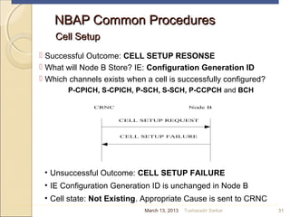 CRNC Node B
CELL SETUP FAILURE
CELL SETUP REQUEST
NBAP Common ProceduresNBAP Common Procedures
Cell SetupCell Setup
 Successful Outcome: CELL SETUP RESONSE
 What will Node B Store? IE: Configuration Generation ID
 Which channels exists when a cell is successfully configured?
P-CPICH, S-CPICH, P-SCH, S-SCH, P-CCPCH and BCH
31
• Unsuccessful Outcome: CELL SETUP FAILURE
• IE Configuration Generation ID is unchanged in Node B
• Cell state: Not Existing. Appropriate Cause is sent to CRNC
March 13, 2013 Tusharadri Sarkar
 